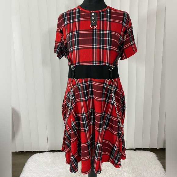 💔SOLD💔DEVIL FASHION Rock Plaid Fit And Flare Dress Sheer Mesh Bondage Straps - Picture 7 of 15
